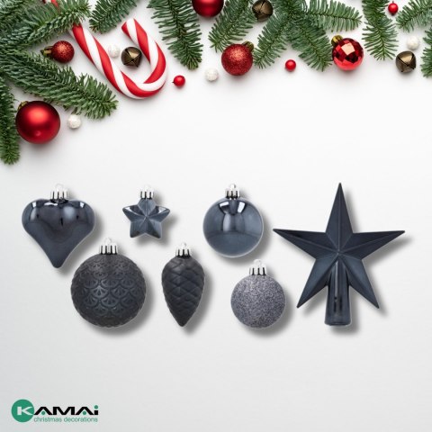 Komplet 19 Bombek Choinkowych Kamai Christmas Decoration® - Kolor Antracyt z Gwiazdą na Czubek Komplet 19 Bombek Choinkowych Kamai Christmas Decoration® - Kolor Antracyt z Gwiazdą na Czubek