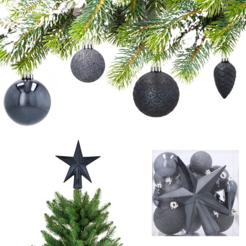 Komplet 19 Bombek Choinkowych Kamai Christmas Decoration® - Kolor Antracyt z Gwiazdą na Czubek Komplet 19 Bombek Choinkowych Kamai Christmas Decoration® - Kolor Antracyt z Gwiazdą na Czubek