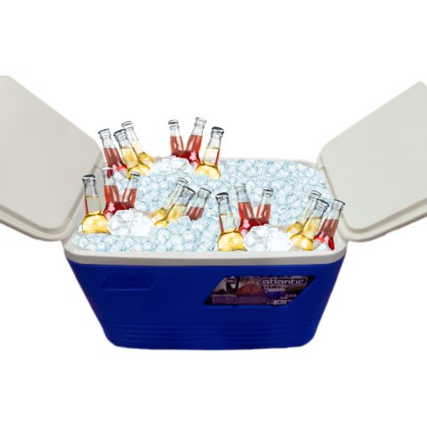 Lodówka turystyczna 60L Kamai Coolbox na wkłady mrożące, niebieska z miejscem na butelki na pokrywie Lodówka turystyczna 60L Kamai Coolbox na wkłady mrożące, niebieska z miejscem na butelki na pokrywie