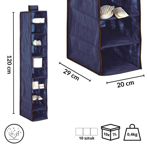 BLUE niebieski wiszący organizer do szafy 10 przegród 20x29x120 cm BLUE niebieski wiszący organizer do szafy 10 przegród 20x29x120 cm
