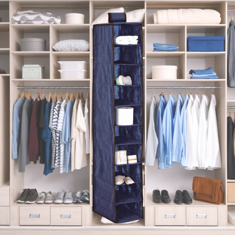 BLUE niebieski wiszący organizer do szafy 10 przegród 20x29x120 cm BLUE niebieski wiszący organizer do szafy 10 przegród 20x29x120 cm
