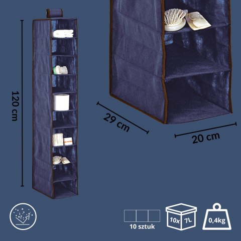 BLUE niebieski wiszący organizer do szafy 10 przegród 20x29x120 cm BLUE niebieski wiszący organizer do szafy 10 przegród 20x29x120 cm