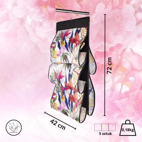 FLORAL w kwiaty wiszący organizer do szafy 5 przegród na torebki, paski 72x42cm FLORAL w kwiaty wiszący organizer do szafy 5 przegród na torebki, paski 72x42cm