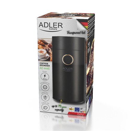 Adler | AD 4446bg | Młynek do kawy | 150 W | Pojemność ziaren kawy 75 g | Liczba filiżanek szt. | Czarny Adler | AD 4446bg | Młynek do kawy | 150 W | Pojemność ziaren kawy 75 g | Liczba filiżanek szt. | Czarny