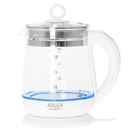 Adler | Czajnik | AD 1299 | Elektryczny | 2200 W | 1,5 L | Szkło/stal nierdzewna | Podstawa obrotowa 360° | Biały Adler | Czajnik | AD 1299 | Elektryczny | 2200 W | 1,5 L | Szkło/stal nierdzewna | Podstawa obrotowa 360° | Biały