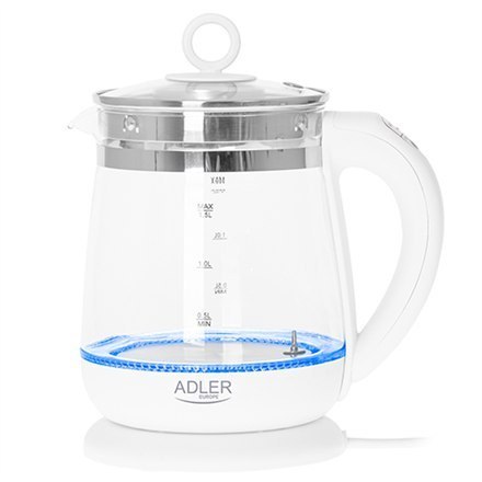 Adler | Czajnik | AD 1299 | Elektryczny | 2200 W | 1,5 L | Szkło/stal nierdzewna | Podstawa obrotowa 360° | Biały Adler | Czajnik | AD 1299 | Elektryczny | 2200 W | 1,5 L | Szkło/stal nierdzewna | Podstawa obrotowa 360° | Biały