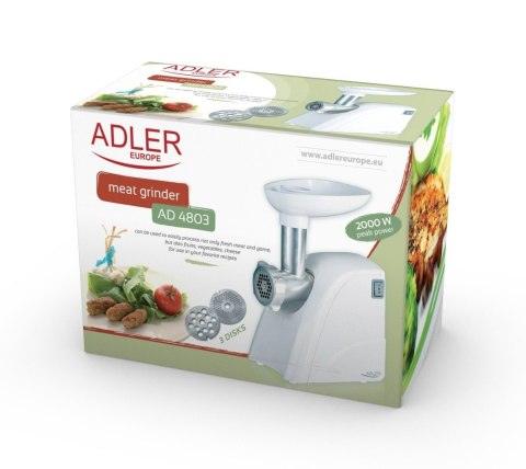 Adler AD 4803 Maszynka do mielenia mięsa, moc 800W, misa, sitko średniej wielkości, sitko do mielenia mięsa, sitko do maku, tłok Adler AD 4803 Maszynka do mielenia mięsa, moc 800W, misa, sitko średniej wielkości, sitko do mielenia mięsa, sitko do maku, tłok