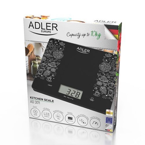 Adler | Waga kuchenna | AD 3171 | Maksymalna waga (nośność) 10 kg | Podziałka 1 g | Typ wyświetlacza LCD | Czarny Adler | Waga kuchenna | AD 3171 | Maksymalna waga (nośność) 10 kg | Podziałka 1 g | Typ wyświetlacza LCD | Czarny