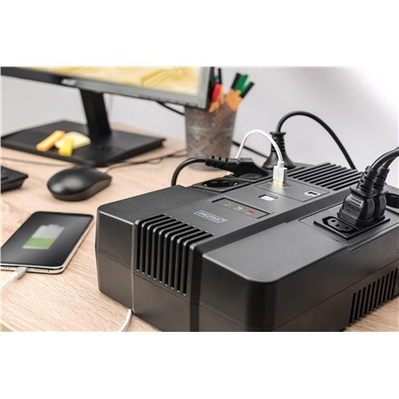 Digitus | UPS All-in-One | UPS All-in-One, 600VA/360W, LED 12V/7Ah x1, 4x CEE 7/7, 3x IEC C13, USB, RJ45 | 600 VA | 360 W Digitus | UPS All-in-One | UPS All-in-One, 600VA/360W, LED 12V/7Ah x1, 4x CEE 7/7, 3x IEC C13, USB, RJ45 | 600 VA | 360 W