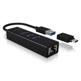 ICY BOX | IB-HUB1419-LAN | Hub - 3 porty | IEEE 802.3, IEEE 802.3u, IEEE 802.1Q, IEEE 802.1p, IEEE 802.3x, USB 3.0, IEEE 802.3az