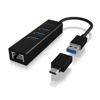 ICY BOX | IB-HUB1419-LAN | Hub - 3 porty | IEEE 802.3, IEEE 802.3u, IEEE 802.1Q, IEEE 802.1p, IEEE 802.3x, USB 3.0, IEEE 802.3az