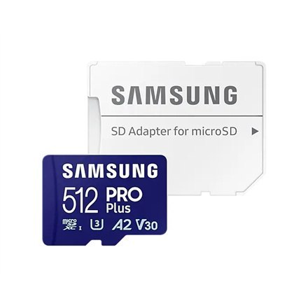 Karta Samsung PRO Plus microSD z adapterem | 512 GB | MicroSDXC | Pamięć flash klasy U3, V30, A2 Karta Samsung PRO Plus microSD z adapterem | 512 GB | MicroSDXC | Pamięć flash klasy U3, V30, A2