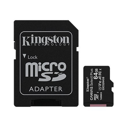 Kingston Canvas Select | Karta pamięci flash | 64 GB | Karta pamięci microSDXC UHS-I | Klasa prędkości A1 / Klasa wideo V10 / UH Kingston Canvas Select | Karta pamięci flash | 64 GB | Karta pamięci microSDXC UHS-I | Klasa prędkości A1 / Klasa wideo V10 / UH
