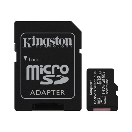 Kingston | Canvas Select Plus | 512 GB | Micro SD | Pamięć flash klasy 10 | Adapter SD Kingston | Canvas Select Plus | 512 GB | Micro SD | Pamięć flash klasy 10 | Adapter SD