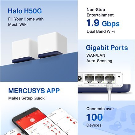 Mercusys Halo H50G V1 - System Wi-Fi - Wi-Fi 5 - desktop | 3-portowy switch | AC1900 | 2,4 GHz / 5 GHz | 2 routery Mercusys Halo H50G V1 - System Wi-Fi - Wi-Fi 5 - desktop | 3-portowy switch | AC1900 | 2,4 GHz / 5 GHz | 2 routery
