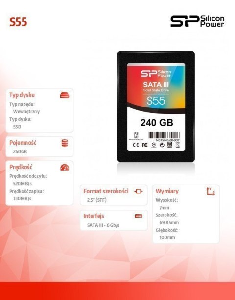 SILICON POWER | Dysk półprzewodnikowy | 240 GB | Slim S55 | 2,5" | SATA 6 Gb/s SILICON POWER | Dysk półprzewodnikowy | 240 GB | Slim S55 | 2,5" | SATA 6 Gb/s