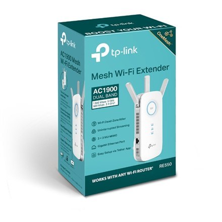 TP-LINK | AC1900 Wi-Fi Range Extender | RE550 | 802.11ac | 2GHz/5GHz | 600+1300 Mbit/s | 10/100/1000 Mbit/s | Porty Ethernet LAN TP-LINK | AC1900 Wi-Fi Range Extender | RE550 | 802.11ac | 2GHz/5GHz | 600+1300 Mbit/s | 10/100/1000 Mbit/s | Porty Ethernet LAN