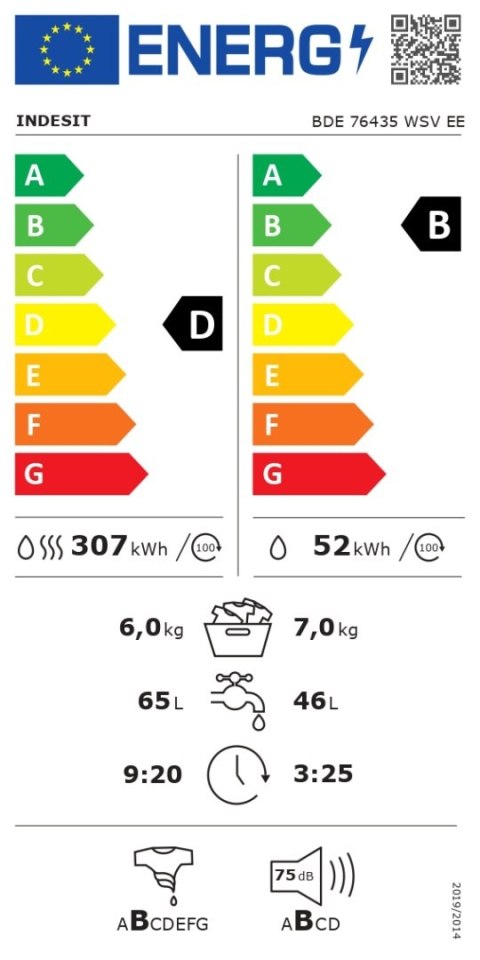 INDESIT | Pralka z suszarką | BDE 76435 WSV EE | Klasa efektywności energetycznej B/D | Ładowana od frontu | Pojemność prania 7 INDESIT | Pralka z suszarką | BDE 76435 WSV EE | Klasa efektywności energetycznej B/D | Ładowana od frontu | Pojemność prania 7