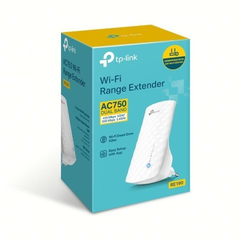 TP-LINK | Przedłużacz | RE190 | 802.11ac | 2.4GHz/5GHz | 300+433 Mbit/s | MU-MiMO Nie | brak PoE | Antena typu 3 wielokierunkowa TP-LINK | Przedłużacz | RE190 | 802.11ac | 2.4GHz/5GHz | 300+433 Mbit/s | MU-MiMO Nie | brak PoE | Antena typu 3 wielokierunkowa