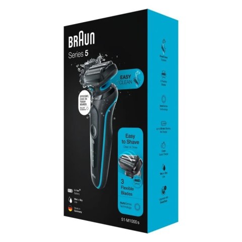 Braun | Shaver | 51-M1000S | Operating time (max) 50 min | Wet & Dry | Lithium Ion | Black/Blue Braun | Shaver | 51-M1000S | Operating time (max) 50 min | Wet & Dry | Lithium Ion | Black/Blue