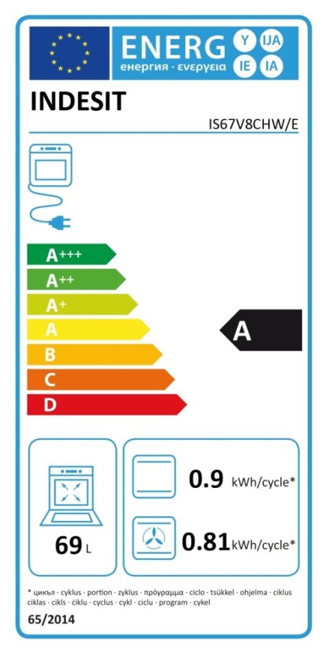 INDESIT | Cooker | IS67V8CHW/E | Hob type Vitroceramic | Oven type Electric | White | Width 60 cm | Grilling | Depth 60 cm | 69 INDESIT | Cooker | IS67V8CHW/E | Hob type Vitroceramic | Oven type Electric | White | Width 60 cm | Grilling | Depth 60 cm | 69
