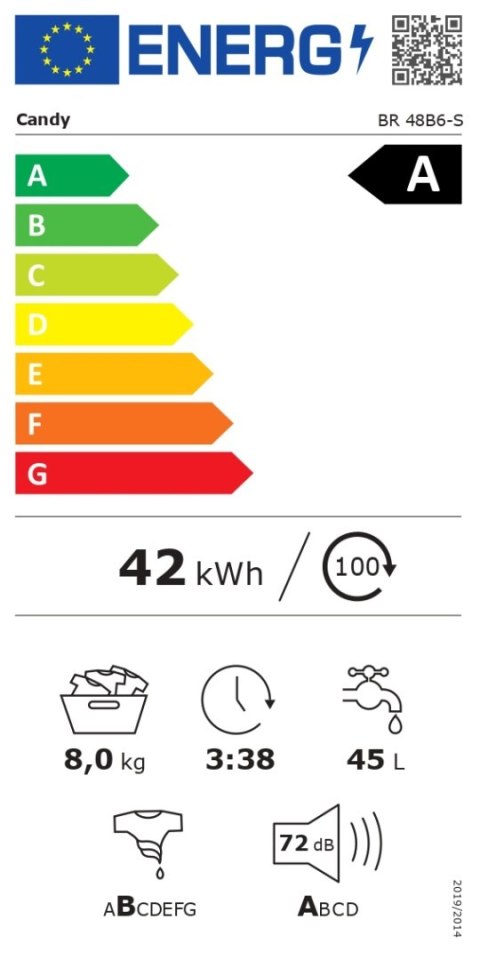 Candy Washing Machine | BR 48B6-S | Energy efficiency class A | Front loading | Washing capacity 8 kg | 1400 RPM | Depth 53 cm | Candy Washing Machine | BR 48B6-S | Energy efficiency class A | Front loading | Washing capacity 8 kg | 1400 RPM | Depth 53 cm |