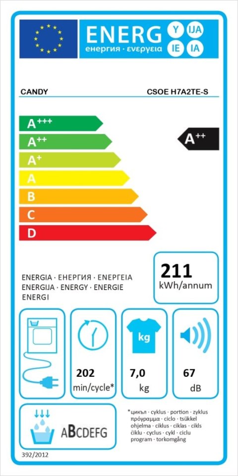 Candy | Dryer Machine | CSOE H7A2TE-S | Energy efficiency class A++ | Front loading | 7 kg | LED | Depth 58.5 cm | White Candy | Dryer Machine | CSOE H7A2TE-S | Energy efficiency class A++ | Front loading | 7 kg | LED | Depth 58.5 cm | White
