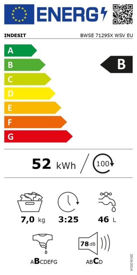 INDESIT | Pralka | BWSE 71295X WSV EU | Klasa efektywności energetycznej B | Ładowana od frontu | Pojemność prania 7 kg | 1200 o INDESIT | Pralka | BWSE 71295X WSV EU | Klasa efektywności energetycznej B | Ładowana od frontu | Pojemność prania 7 kg | 1200 o