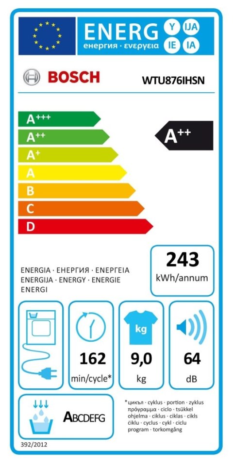 Suszarka Bosch z pompą ciepła | WTU876IHSN | Klasa efektywności energetycznej A++ | Ładowana od przodu | 9 kg | LED | Głębokość Suszarka Bosch z pompą ciepła | WTU876IHSN | Klasa efektywności energetycznej A++ | Ładowana od przodu | 9 kg | LED | Głębokość