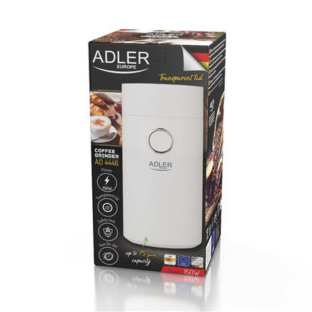 Adler | AD 4446ws | Młynek do kawy | 150 W | Pojemność ziaren kawy 75 g | Liczba filiżanek szt. | Biały Adler | AD 4446ws | Młynek do kawy | 150 W | Pojemność ziaren kawy 75 g | Liczba filiżanek szt. | Biały