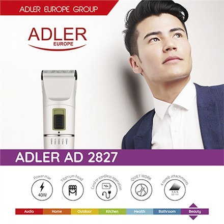 Adler | Maszynka do strzyżenia włosów | AD 2827 | Bezprzewodowa lub przewodowa | Liczba stopni długości 4 | Biała Adler | Maszynka do strzyżenia włosów | AD 2827 | Bezprzewodowa lub przewodowa | Liczba stopni długości 4 | Biała