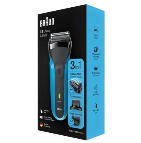 Braun | Golarka z trymerem | Shave&Style 310BT | Bezprzewodowa | Wet & Dry | Liczba stopni długości 5 | Czarny/Niebieski Braun | Golarka z trymerem | Shave&Style 310BT | Bezprzewodowa | Wet & Dry | Liczba stopni długości 5 | Czarny/Niebieski