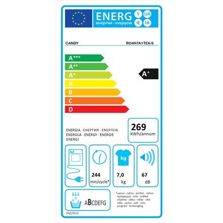 Candy | RO4 H7A1TEX-S | Suszarka | Klasa efektywności energetycznej A+ | Ładowana od przodu | 7 kg | LCD | Głębokość 46,5 cm | W Candy | RO4 H7A1TEX-S | Suszarka | Klasa efektywności energetycznej A+ | Ładowana od przodu | 7 kg | LCD | Głębokość 46,5 cm | W