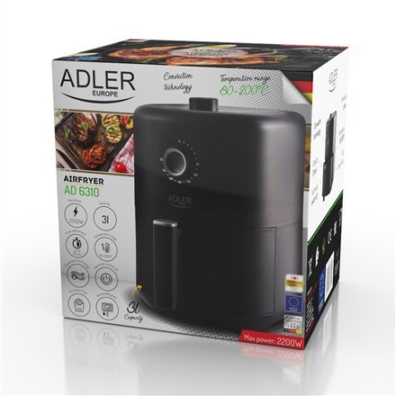 Adler | Airfryer | AD 6310 | Moc 2200 W | Pojemność 3 L | Technologia cyrkulacji gorącego powietrza | Czarny Adler | Airfryer | AD 6310 | Moc 2200 W | Pojemność 3 L | Technologia cyrkulacji gorącego powietrza | Czarny