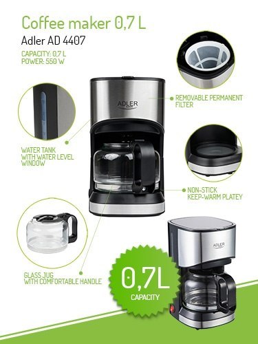 Adler | Ekspres do kawy | AD 4407 | Drip | 550 W | Czarny Adler | Ekspres do kawy | AD 4407 | Drip | 550 W | Czarny