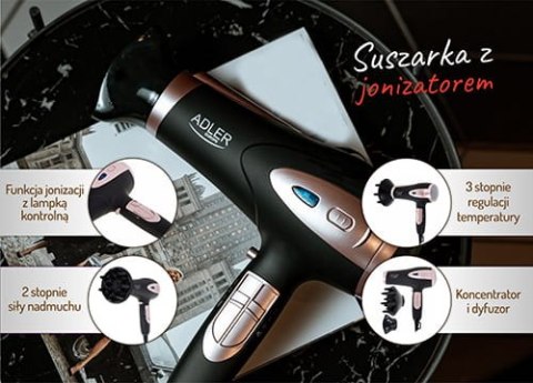 Suszarka Do Włosów Czarna 2200W ION + dyfuzor ADLER AD 2248b Suszarka Do Włosów Czarna 2200W ION + dyfuzor ADLER AD 2248b