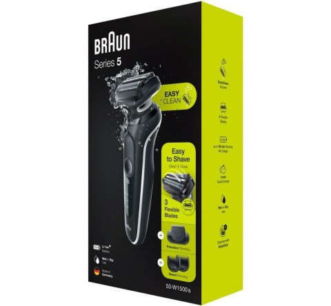 Braun | Golarka | 51-W1500s | Czas pracy (maks.) 50 min | Wet & Dry | Czarny/Biały Braun | Golarka | 51-W1500s | Czas pracy (maks.) 50 min | Wet & Dry | Czarny/Biały