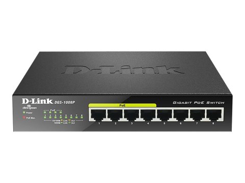 D-Link | 8-portowy przełącznik Gigabit PoE (4xPoE) | DGS-1008P | Niezarządzany | Desktop | Typ zasilania Zewnętrzny D-Link | 8-portowy przełącznik Gigabit PoE (4xPoE) | DGS-1008P | Niezarządzany | Desktop | Typ zasilania Zewnętrzny