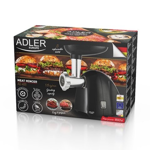 Adler | Maszynka do mielenia mięsa | AD 4811 | Czarny | 600 W | Liczba prędkości 1 | Wydajność (kg/min) 1,8 | 3 wymienne sitka: Adler | Maszynka do mielenia mięsa | AD 4811 | Czarny | 600 W | Liczba prędkości 1 | Wydajność (kg/min) 1,8 | 3 wymienne sitka: