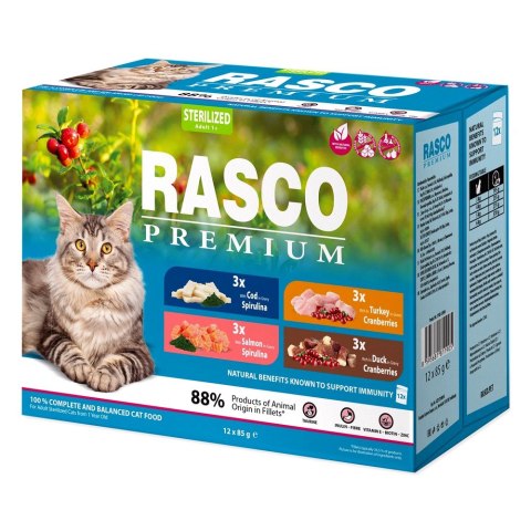 RASCO Premium losos, dorsz, kaczka, indyk fileciki w sosie 12x85g saszetka dla sterylizowanego kota (1703-13398) RASCO Premium losos, dorsz, kaczka, indyk fileciki w sosie 12x85g saszetka dla sterylizowanego kota (1703-13398)