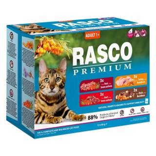 RASCO Premium wolowina, cielecina, indyk, kaczka fileciki w sosie 12x85g saszetka dla kota (1703-13198)