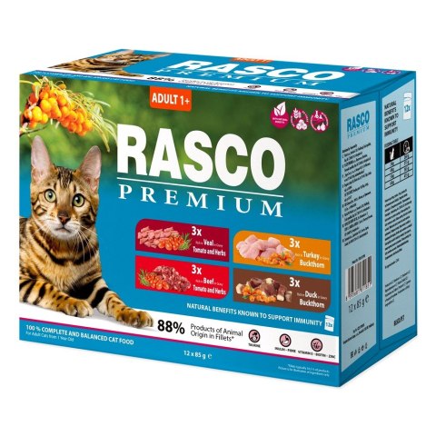 RASCO Premium wolowina, cielecina, indyk, kaczka fileciki w sosie 12x85g saszetka dla kota (1703-13198) RASCO Premium wolowina, cielecina, indyk, kaczka fileciki w sosie 12x85g saszetka dla kota (1703-13198)