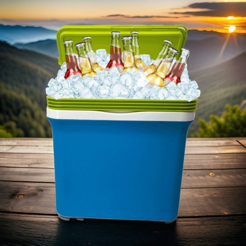 Lodówka turystyczna 22,5L KAMAI FIESTA na wkłady mrożące, błękitna z zieloną pokrywą i uchwytem Lodówka turystyczna 22,5L KAMAI FIESTA na wkłady mrożące, błękitna z zieloną pokrywą i uchwytem