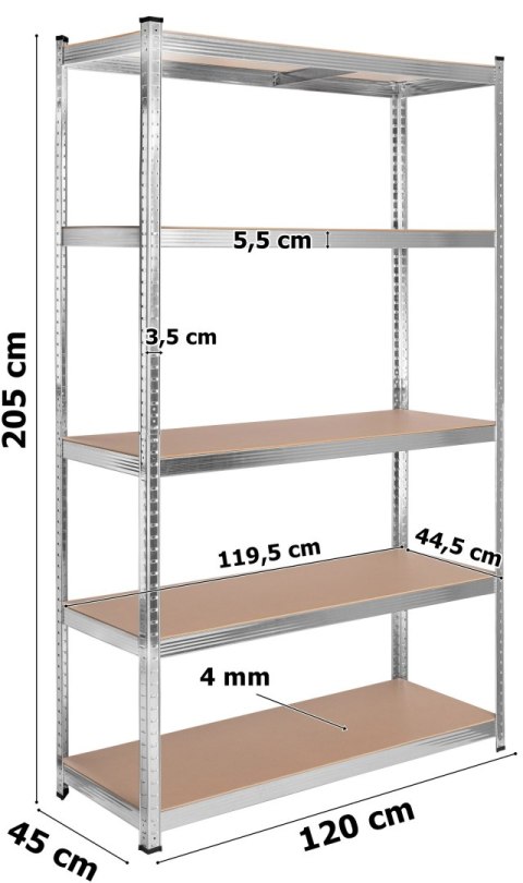 Regał stalowy magazynowy 200kg 5 poziomów 205x120x45 cm ocynkowany Regał stalowy magazynowy 200kg 5 poziomów 205x120x45 cm ocynkowany