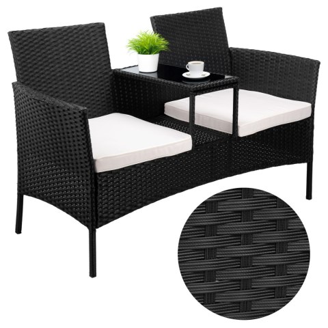 Ławka ogrodowa z technorattanu sofa CORDOBA czarna z beżowymi poduszkami