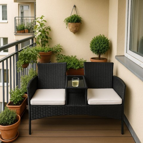 Ławka ogrodowa z technorattanu sofa CORDOBA czarna z beżowymi poduszkami