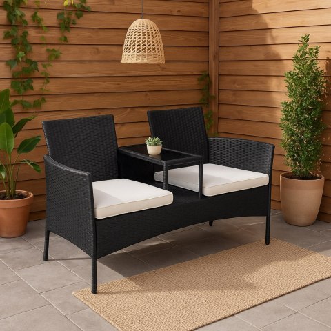 Ławka ogrodowa z technorattanu sofa CORDOBA czarna z beżowymi poduszkami