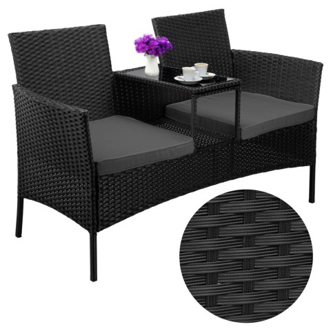Ławka ogrodowa z technorattanu sofa CORDOBA czarna z szarymi poduszkami