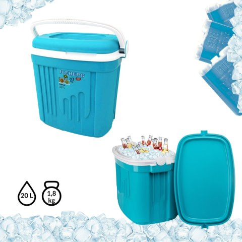 Lodówka turystyczna 20L KAMAI ICEBERG na wkłady mrożące, turkusowa z białą rączką Lodówka turystyczna 20L KAMAI ICEBERG na wkłady mrożące, turkusowa z białą rączką