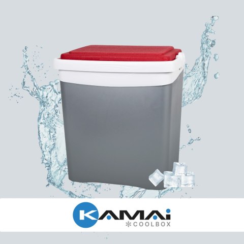 Lodówka turystyczna 25L KAMAI TROPIC na wkłady mrożące, szara z czerwoną pokrywą i białą rączką Lodówka turystyczna 25L KAMAI TROPIC na wkłady mrożące, szara z czerwoną pokrywą i białą rączką